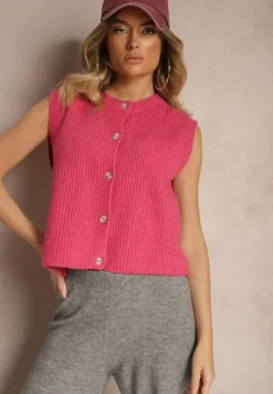 Różowa Sweterkowa Kamizelka z Domieszką Wełny i Zapięciem na Guziki Savanira