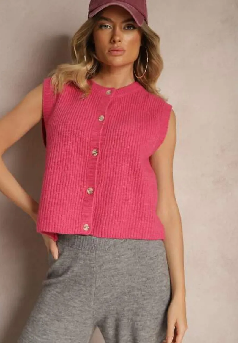 Różowa Sweterkowa Kamizelka z Domieszką Wełny i Zapięciem na Guziki Savanira