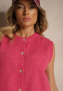 Różowa Sweterkowa Kamizelka z Domieszką Wełny i Zapięciem na Guziki Savanira
