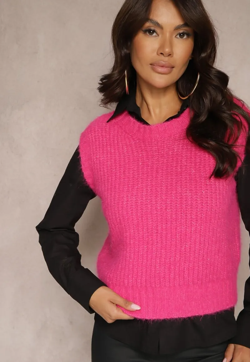 Różowa Sweterkowa Kamizelka z Wełną z Prążkowanego Materiału Titheora