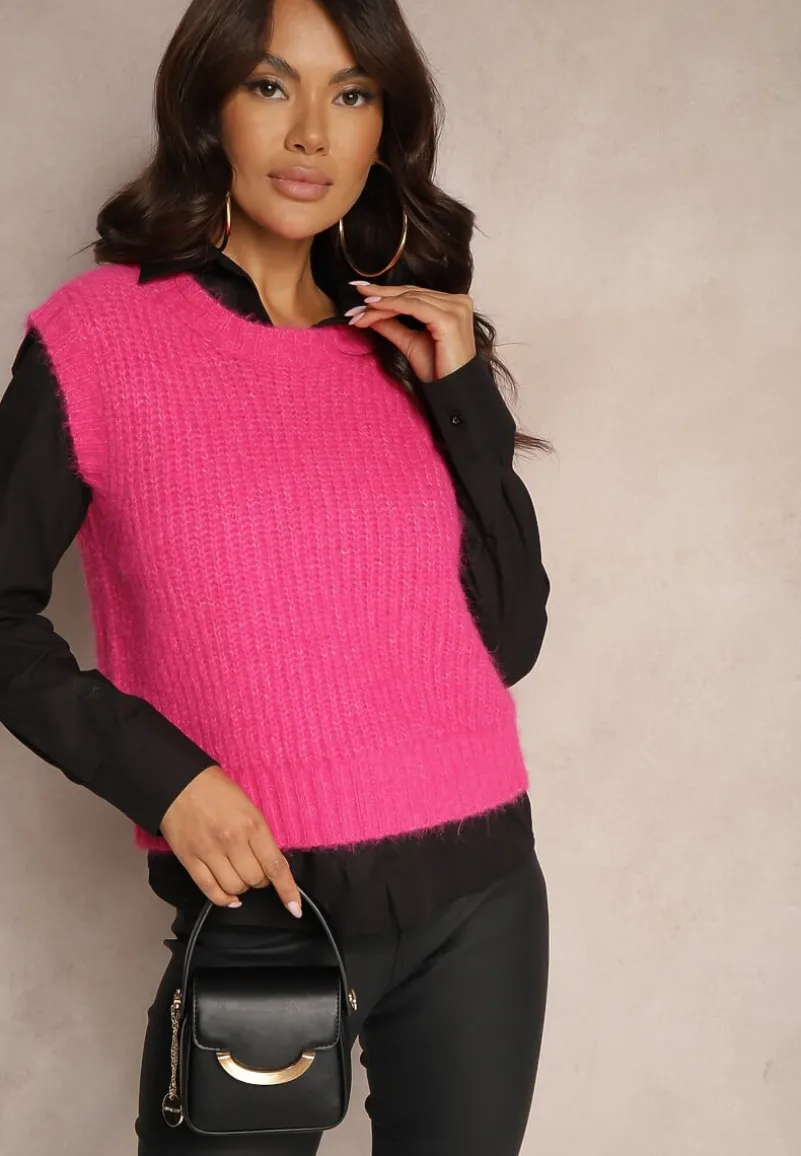 Różowa Sweterkowa Kamizelka z Wełną z Prążkowanego Materiału Titheora