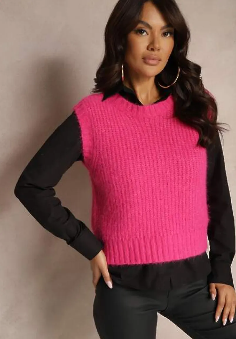 Różowa Sweterkowa Kamizelka z Wełną z Prążkowanego Materiału Titheora