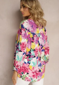 Różowa Wiskozowa Bluzka z Guzikami Przy Dekolcie w Kwiaty Kleddia