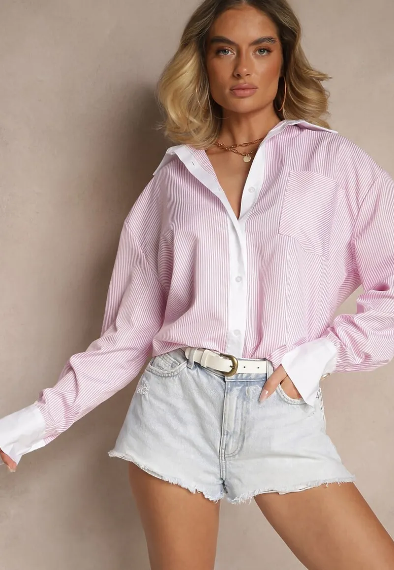 Różowa Wiskozowa Koszula Oversize z Kieszenią i Metalicznymi Aplikacjami Liseloria
