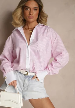 Różowa Wiskozowa Koszula Oversize z Kieszenią i Metalicznymi Aplikacjami Liseloria