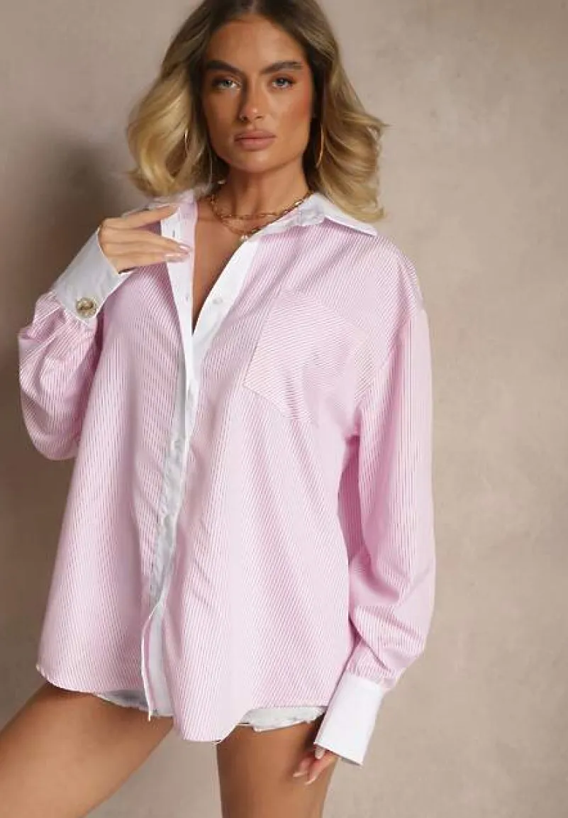 Różowa Wiskozowa Koszula Oversize z Kieszenią i Metalicznymi Aplikacjami Liseloria