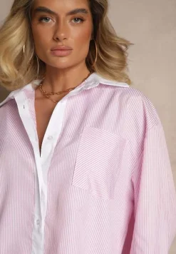 Różowa Wiskozowa Koszula Oversize z Kieszenią i Metalicznymi Aplikacjami Liseloria