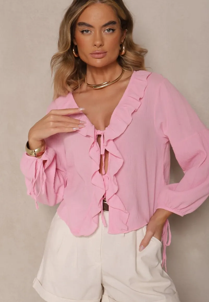 Różowa Wiązana Bluzka z Bawełny z Falbanami przy Dekolcie Idanissa