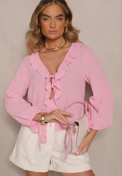 Różowa Wiązana Bluzka z Bawełny z Falbanami przy Dekolcie Idanissa