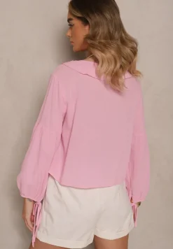 Różowa Wiązana Bluzka z Bawełny z Falbanami przy Dekolcie Idanissa