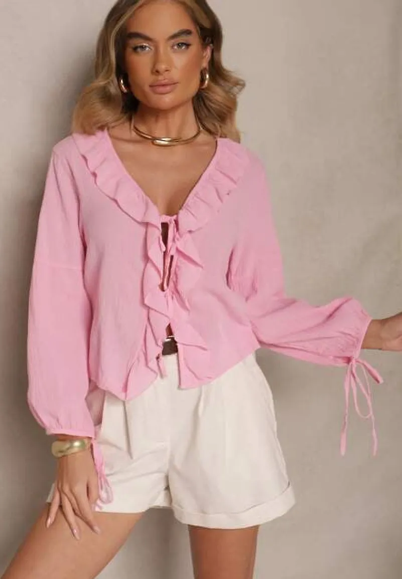 Różowa Wiązana Bluzka z Bawełny z Falbanami przy Dekolcie Idanissa