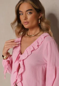 Różowa Wiązana Bluzka z Bawełny z Falbanami przy Dekolcie Idanissa