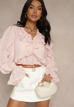 Różowa Wiązana Bluzka Zdobiona Falbanami z Dodatkowym Topem na Ramiączkach Miradiara