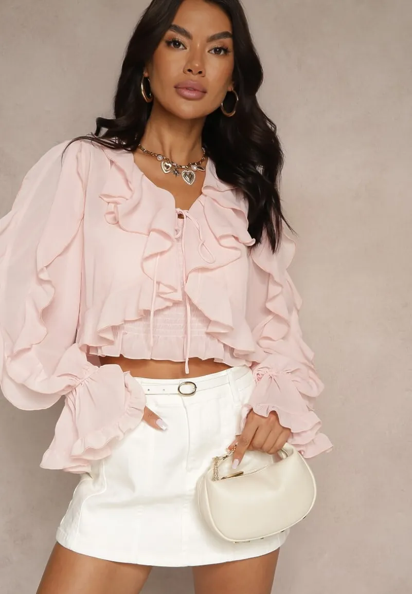 Różowa Wiązana Bluzka Zdobiona Falbanami z Dodatkowym Topem na Ramiączkach Miradiara
