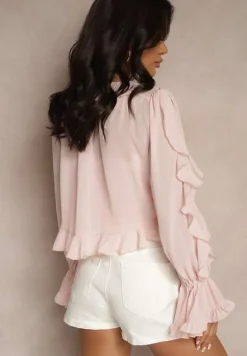 Różowa Wiązana Bluzka Zdobiona Falbanami z Dodatkowym Topem na Ramiączkach Miradiara
