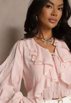 Różowa Wiązana Bluzka Zdobiona Falbanami z Dodatkowym Topem na Ramiączkach Miradiara