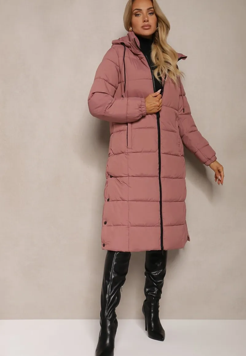Różowa Zimowa Kurtka z Pikowanymi Przeszyciami i Kapturem z Możliwością Odpięcia Sanrinna