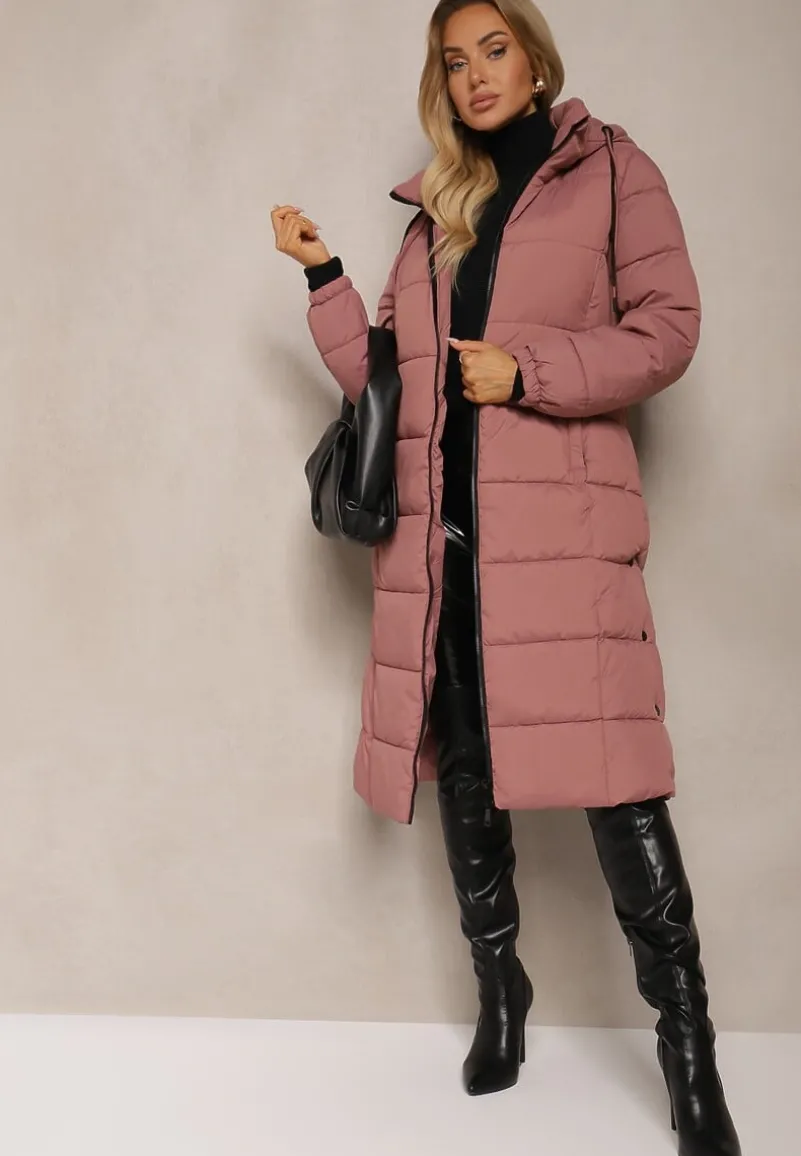 Różowa Zimowa Kurtka z Pikowanymi Przeszyciami i Kapturem z Możliwością Odpięcia Sanrinna