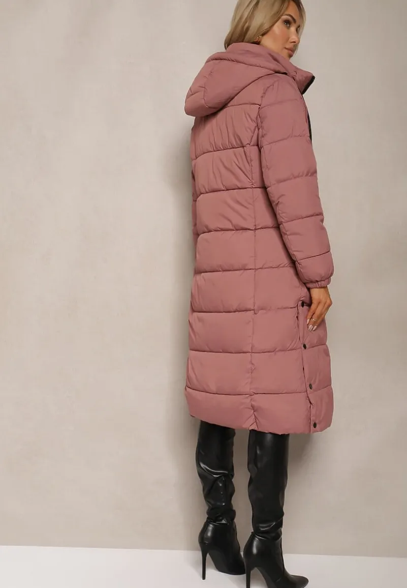 Różowa Zimowa Kurtka z Pikowanymi Przeszyciami i Kapturem z Możliwością Odpięcia Sanrinna