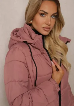 Różowa Zimowa Kurtka z Pikowanymi Przeszyciami i Kapturem z Możliwością Odpięcia Sanrinna