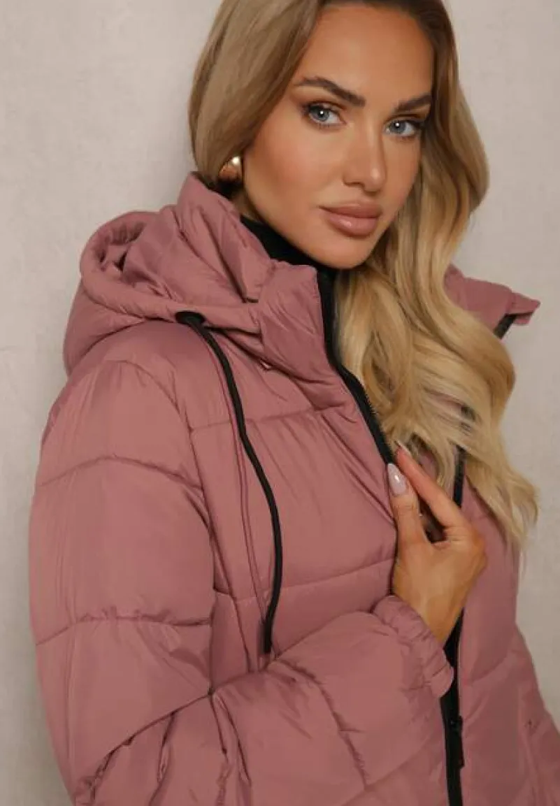 Różowa Zimowa Kurtka z Pikowanymi Przeszyciami i Kapturem z Możliwością Odpięcia Sanrinna