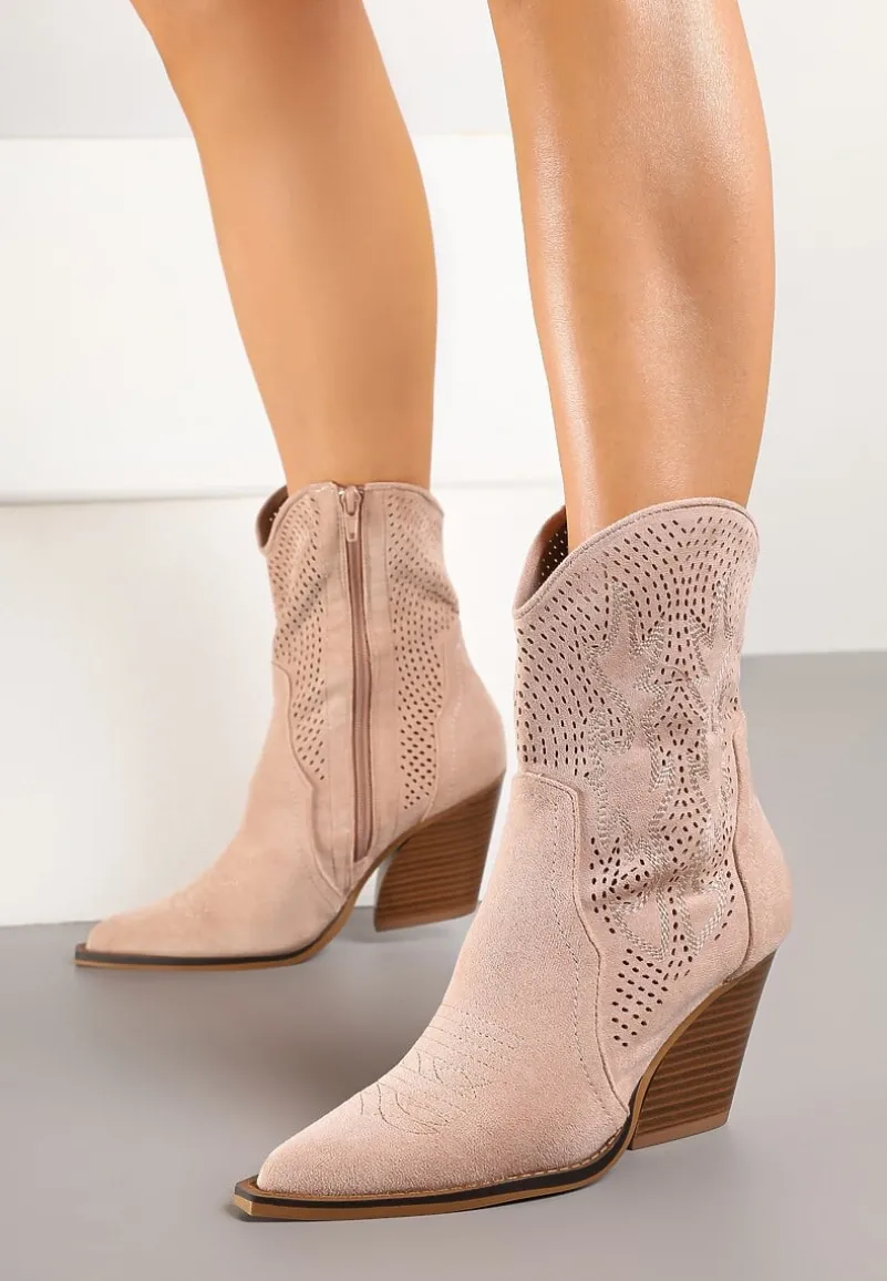 Różowe Ażurowe Botki Kowbojki na Stożkowym Obcasie Leanorin