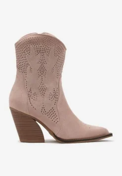 Różowe Ażurowe Botki Kowbojki na Stożkowym Obcasie Leanorin
