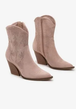 Różowe Ażurowe Botki Kowbojki na Stożkowym Obcasie Leanorin