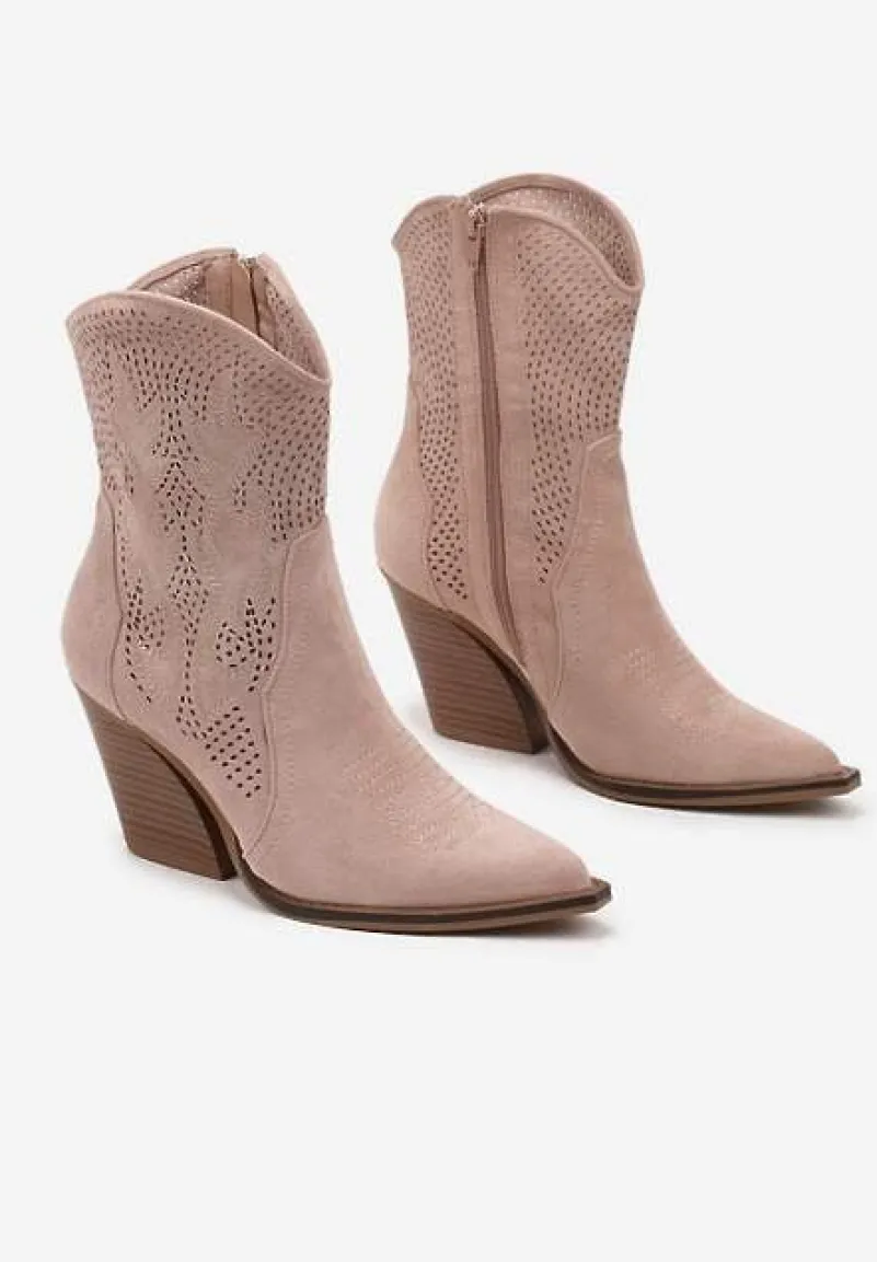 Różowe Ażurowe Botki Kowbojki na Stożkowym Obcasie Leanorin