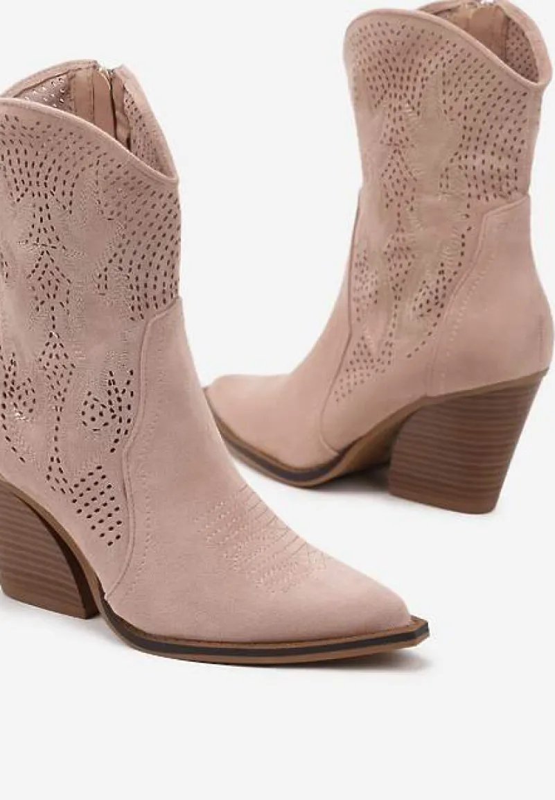 Różowe Ażurowe Botki Kowbojki na Stożkowym Obcasie Leanorin