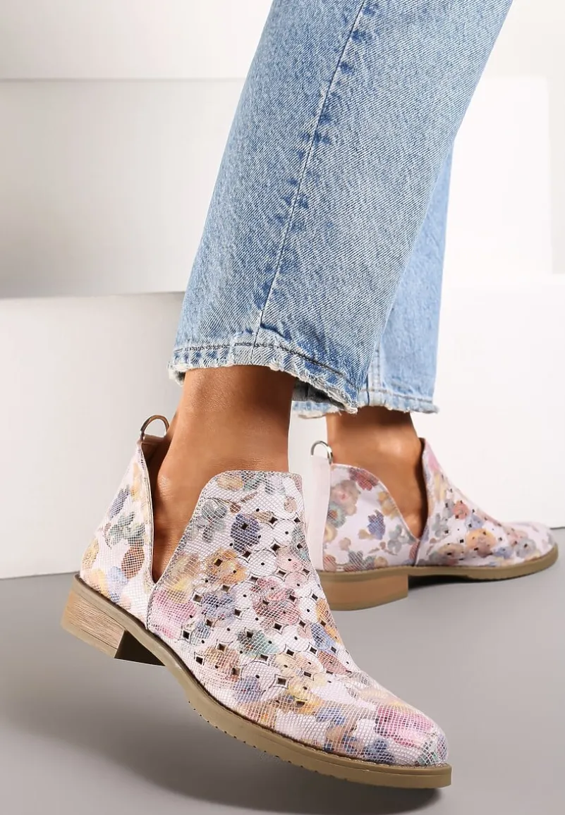 Różowe Ażurowe Botki za Kostkę z Wycięciem i Skórzaną Wkładką Bamma