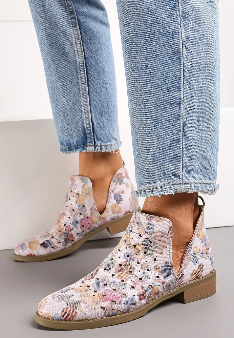 Różowe Ażurowe Botki za Kostkę z Wycięciem i Skórzaną Wkładką Bamma