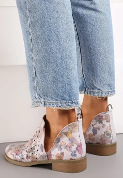 Różowe Ażurowe Botki za Kostkę z Wycięciem i Skórzaną Wkładką Bamma