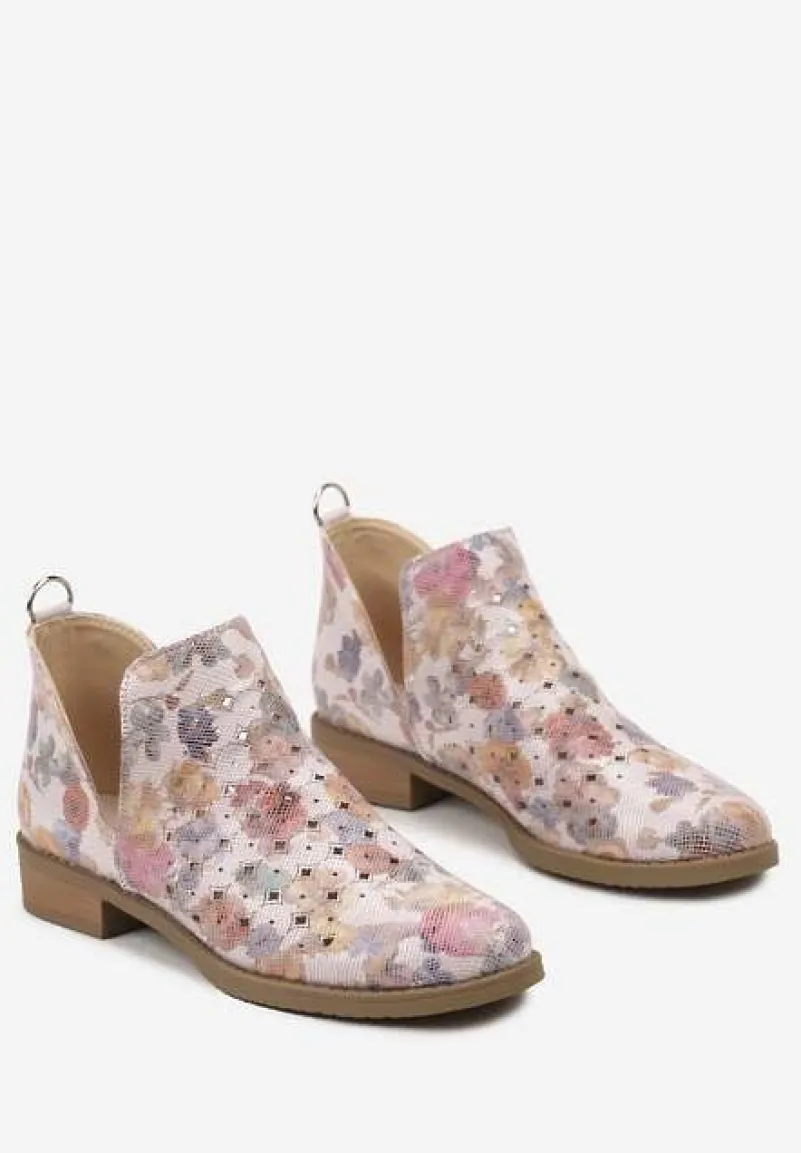 Różowe Ażurowe Botki za Kostkę z Wycięciem i Skórzaną Wkładką Bamma