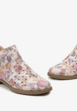 Różowe Ażurowe Botki za Kostkę z Wycięciem i Skórzaną Wkładką Bamma