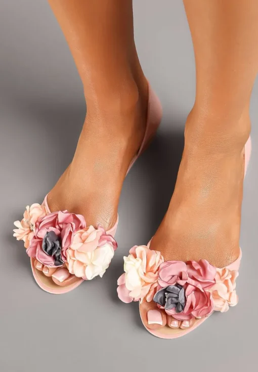 Różowe Balerinki Meliski Peep Toe z Kwiatową Aplikacją Idalina