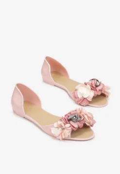 Różowe Balerinki Meliski Peep Toe z Kwiatową Aplikacją Idalina