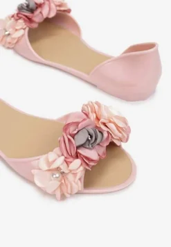 Różowe Balerinki Meliski Peep Toe z Kwiatową Aplikacją Idalina