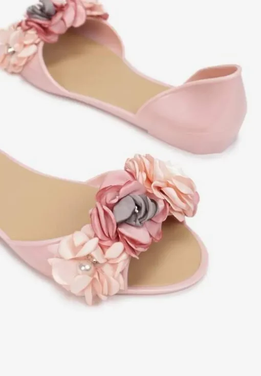 Różowe Balerinki Meliski Peep Toe z Kwiatową Aplikacją Idalina