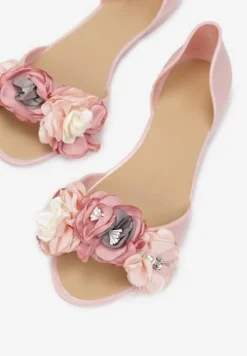 Różowe Balerinki Meliski Peep Toe z Kwiatową Aplikacją Idalina