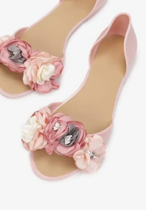 Różowe Balerinki Meliski Peep Toe z Kwiatową Aplikacją Idalina