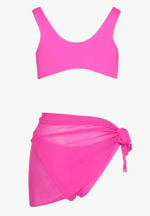 Różowe Bikini Majtki Figi Biustonosz z Broszką Kwiatu 3D i Siateczkowe Pareo Folissa