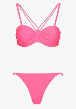 Różowe Bikini Majtki Typu Figi i Biustonosz z Ozdobnymi Paskami Fadelinna
