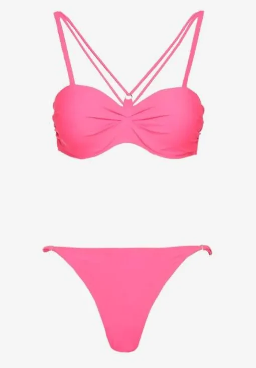 Różowe Bikini Majtki Typu Figi i Biustonosz z Ozdobnymi Paskami Fadelinna