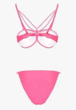 Różowe Bikini Majtki Typu Figi i Biustonosz z Ozdobnymi Paskami Fadelinna