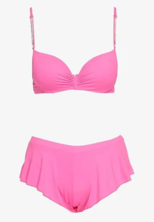 Różowe Bikini Usztywniany Biustonosz z Cyrkoniami i Spodenki Kąpielowe Wykończone Gumką w Pasie Rilamia