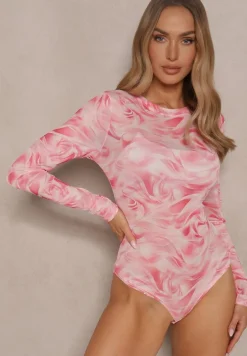Różowe Body Longsleeve z Siateczki z Wiskozą w Abstrakcyjny Print Zeilira