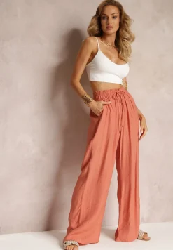 Różowe Brzoskwiniowe Szerokie Spodnie z Wiskozy i Gumką w Pasie Abyga