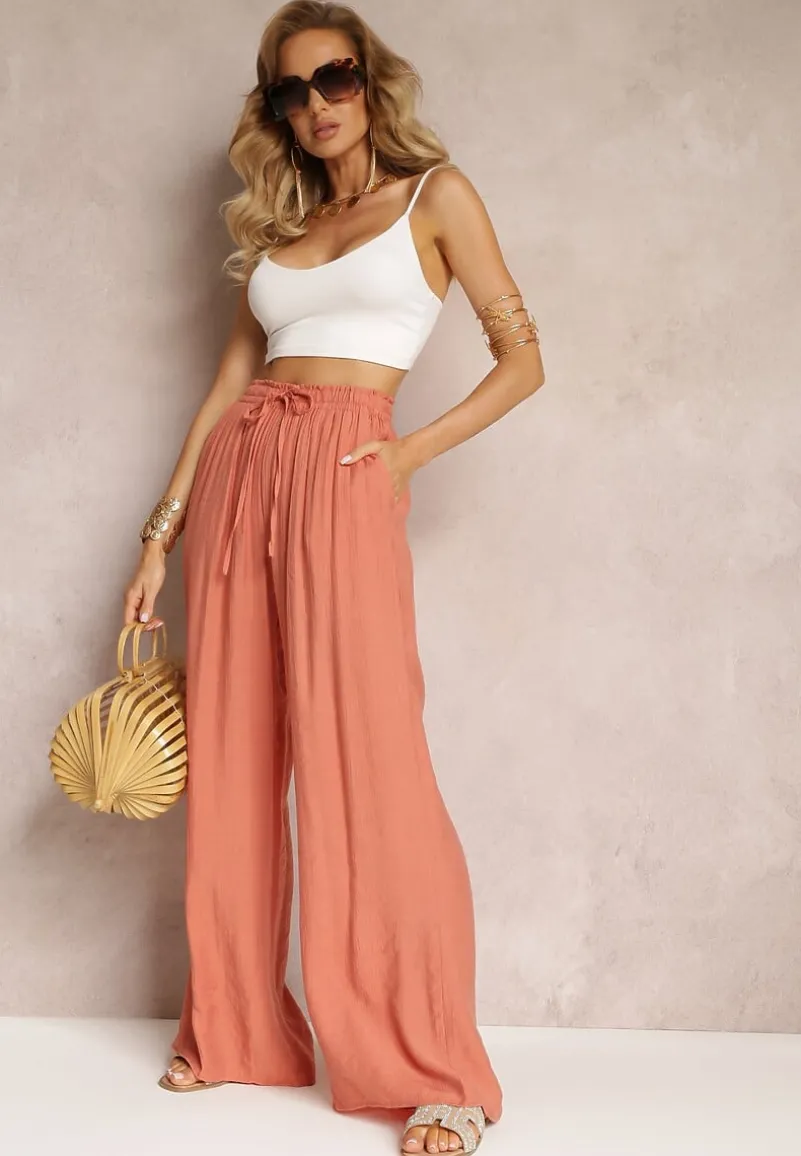 Różowe Brzoskwiniowe Szerokie Spodnie z Wiskozy i Gumką w Pasie Abyga