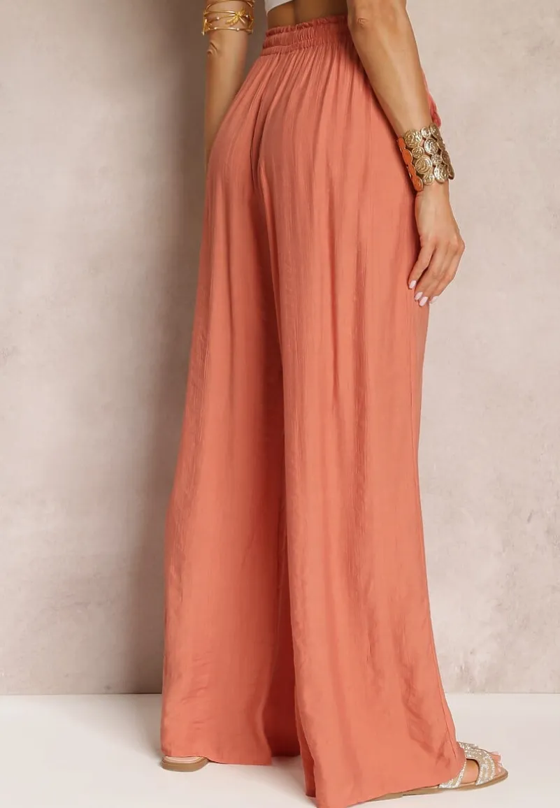 Różowe Brzoskwiniowe Szerokie Spodnie z Wiskozy i Gumką w Pasie Abyga